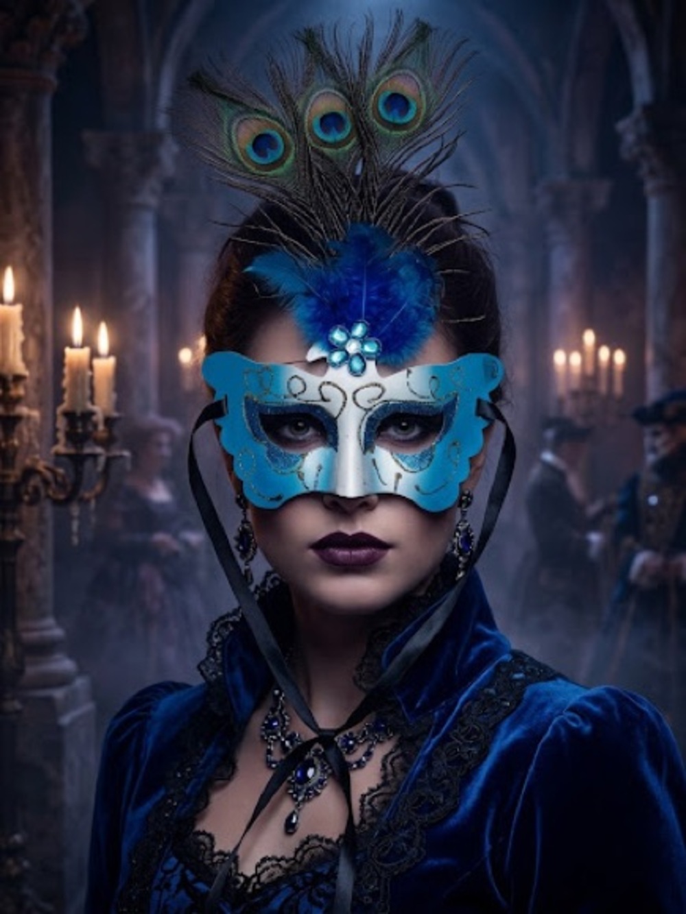 Unisex Glitter blue/white Halloween Mask with Peacock feathers and rhinestones